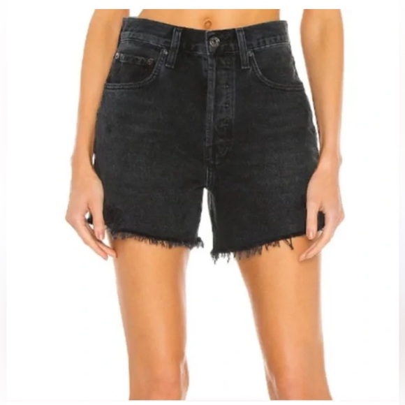 AGOLDE ‘RILEY’ DISTRESSED BLACK DENIM SHORTS - Picture 1 of 4